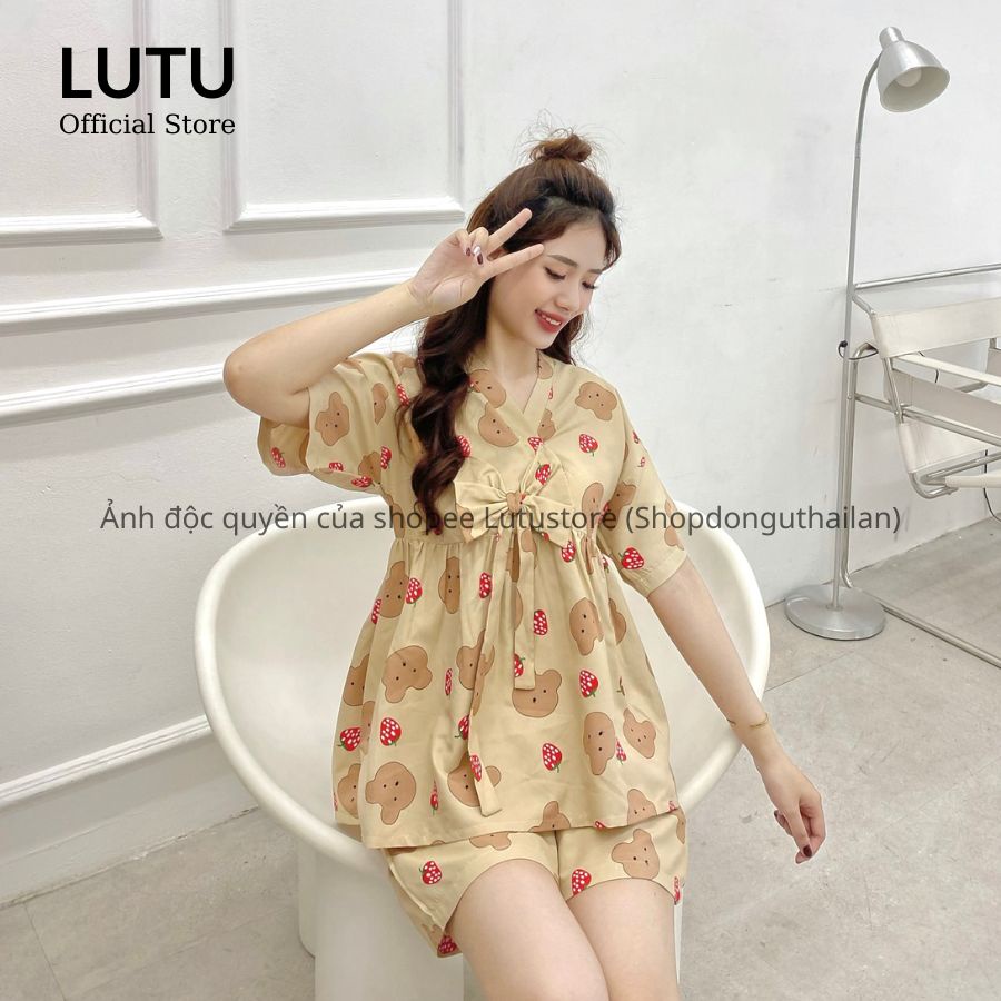 Bộ Pijama Kimono Phối Nơ Dáng Babydoll Đồ Ngủ Nữ Dễ Thương Chất Mềm Mát