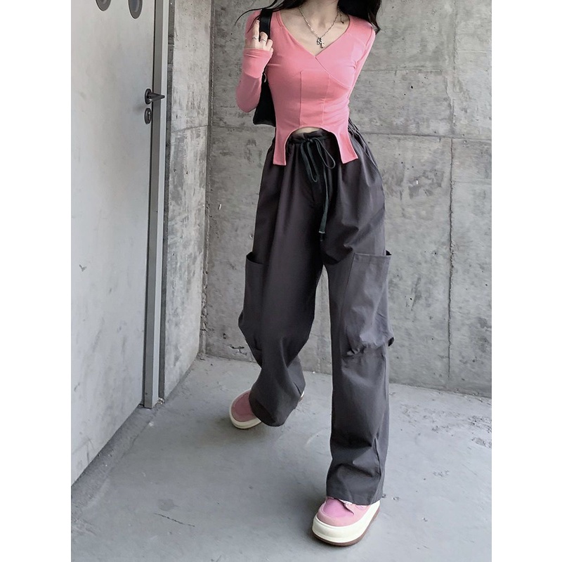 Bộ áo thun + quần short ống rộng MURIOKI màu hồng thời trang mùa thu mới 2022 cho nữ