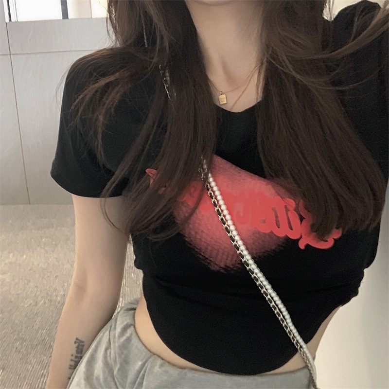 WANG JIAO ZHAN Áo croptop thun tay ngắn có in chữ thời trang cho nữ