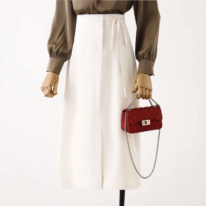 Chân váy chữ a công sở dáng dài xẻ trước thắt dây nơ nhỏ một bên, chân váy công sở chữ a dáng dài GUAN