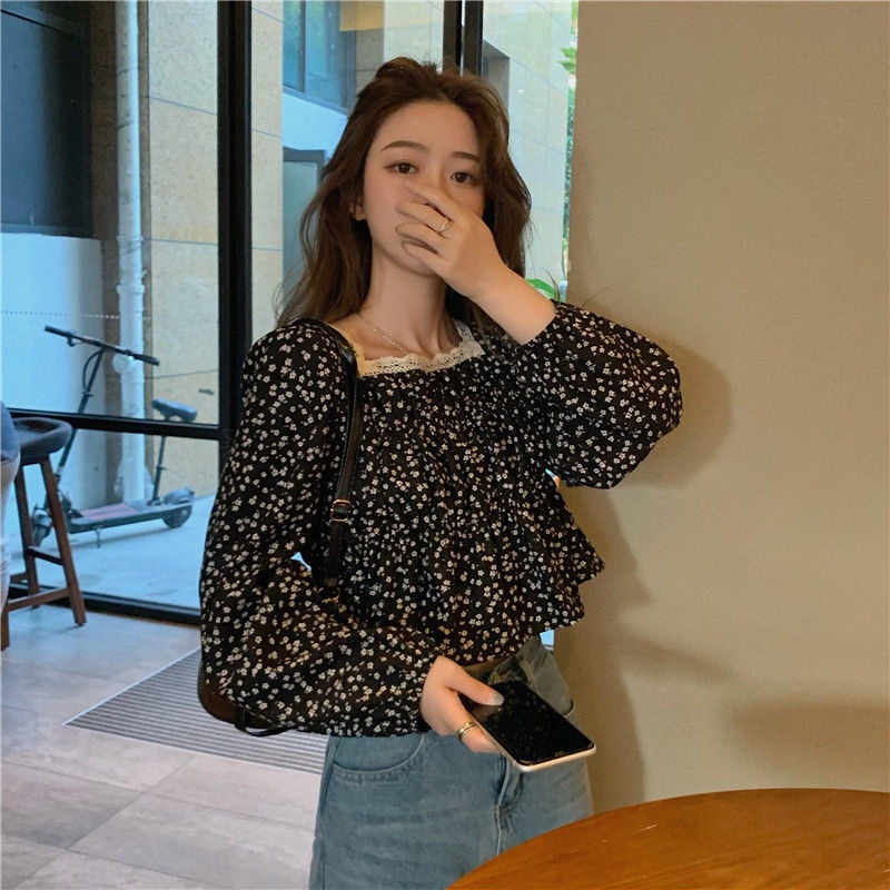 Áo Sơ Mi Ngắn Tay Dài Cổ Vuông In Họa Tiết Hoa Thời Trang Mùa Thu Kiểu Pháp Cổ Điển