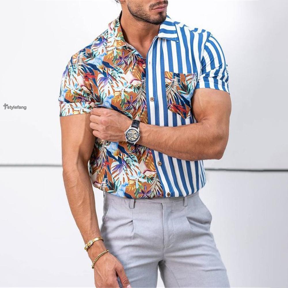STYLEF-~Men/Mens Button Down Shirt Fitness Short Sleeve Casual Party Hawaiian Tee Top-