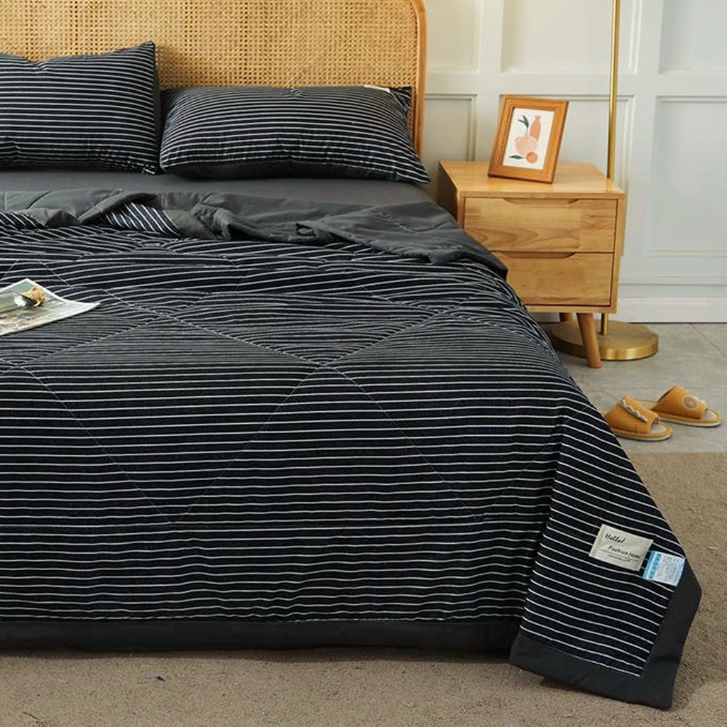 Bộ chăn ga gối cotton tici chăn trần EMMI Bedding mẫu KẺ ĐEN  grap nệm thun lạnh Hàn Quốc Drap giường đệm đủ siz