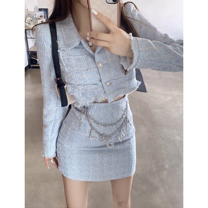 Sét Dạ Tweed Tay Dài Cao Cấp  SẴN MÀU XANH- -FREESHIP