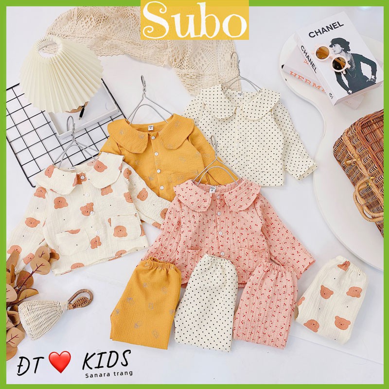 Bộ Pijama dài tay bé gái chất đũi xốp nhiều màu đáng yêu _ Bộ ngủ dài tay thu đông cho bé gái từ 8- 18 kg