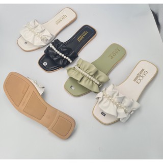 Dép nữ quai ngang bèo nhún nhúm đính ngọc châu đẹp hot trend nữ tính mùa hè đi chơi đi biển đẹp rẻ