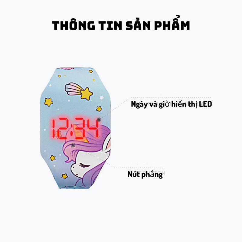 Đồng hồ trẻ em, đồng hồ Unicorn màn hình LED cho bé gái dây nhựa mềm dẻo cho bé từ 3 đến 14 tuổi Xu Xu Kids