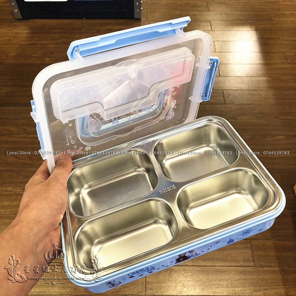 Hộp cơm , khay cơm ăn nhiều ngăn inox hình Frozen Car Mickey Minnie hàng xịn Disney