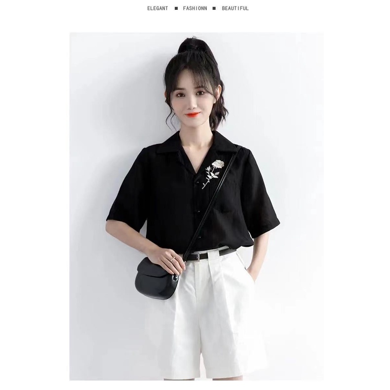 Áo Sơ Mi Đen Ngắn Tay In Họa Tiết Hoa Phong Cách Retro Mùa Hè Cho Nữ 2022