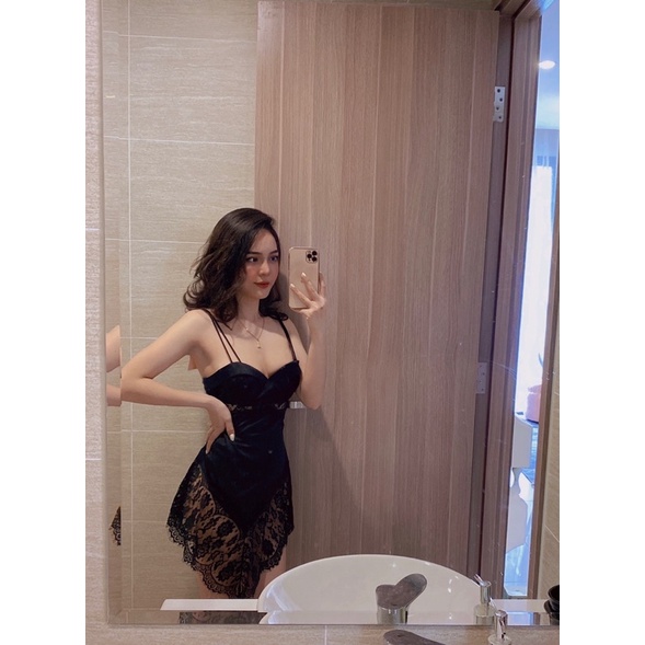 Váy ngủ lụa hai dây sexy có mút ngực phối viền ren hàng Quảng Châu cao cấp SP030