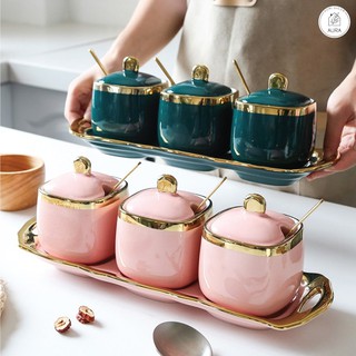 Kệ Hũ Gia Vị,3 Hũ Sứ Vuông Kèm Khay Đặt Bàn Cao Cấp Xanh,Trắng, Hồng