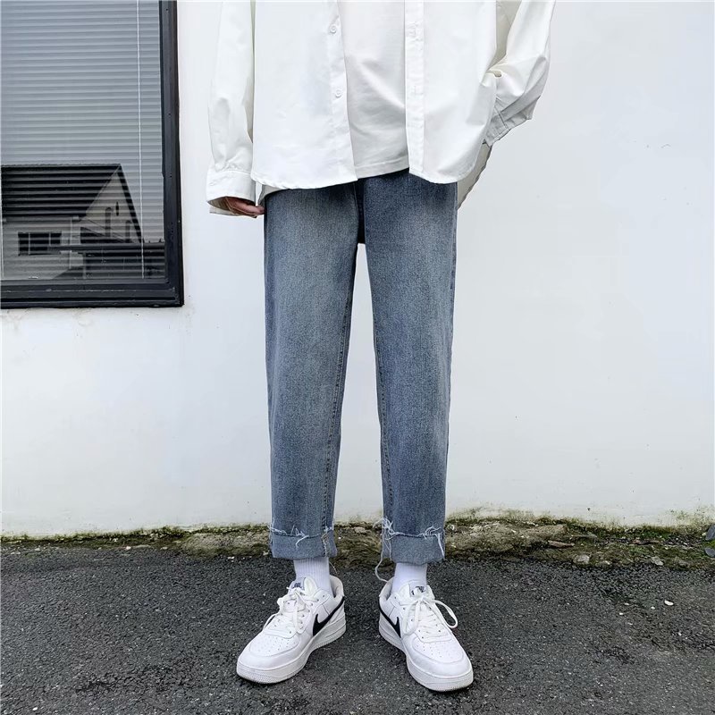 Quần jean baggy xanh nam, nữ ống rộng, dáng suông, rách gấu - RX1