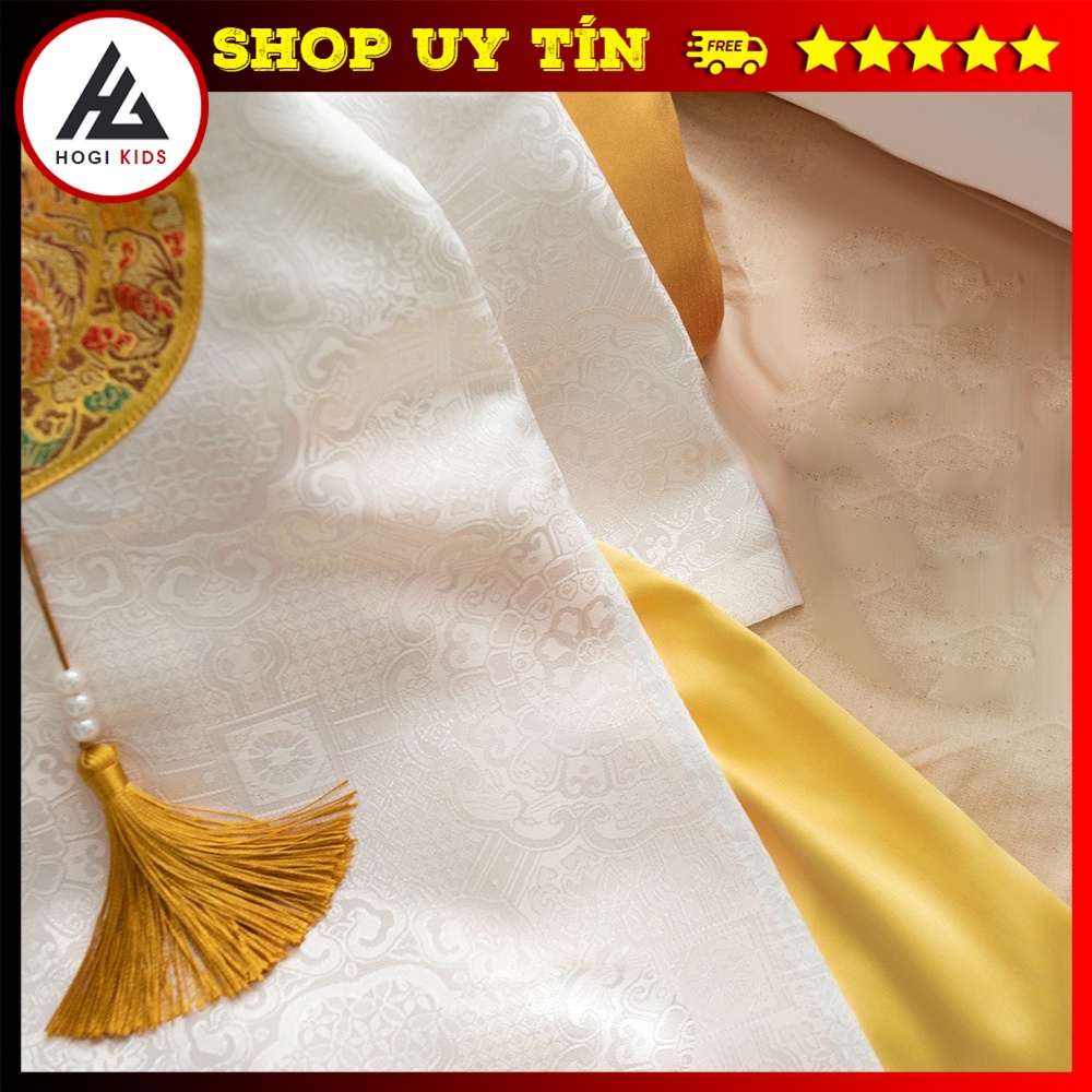 Áo dài cách tân Hogi cho bé gái vải gấm trắng phối váy vàng, áo tết cho trẻ em full size - Hogi clothing
