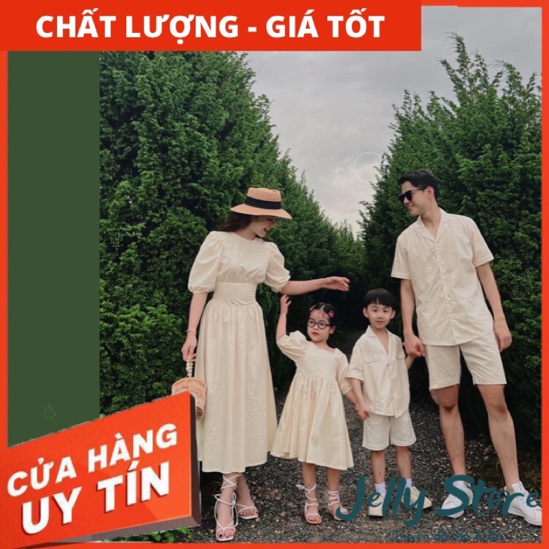 Set đồ đôi Gia Đình Đũi xước màu be nhạt, thắt nơ sau, kèm ảnh thật