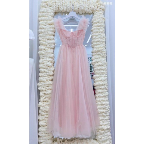 Đầm váy dạ hội form maxi dún tay cánh tiên kết hạt thủ công