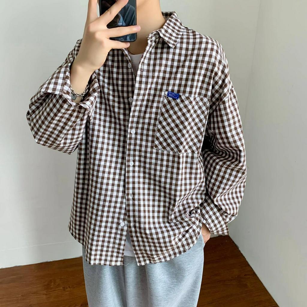 Áo Sơ Mi Tay Ngắn Dáng Rộng Họa Tiết Sọc Caro Phong Cách Hàn Quốc Thời Trang Cho Nam