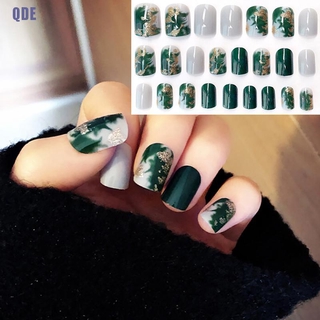 Set 24 móng tay giả ngắn họa tiết lá xanh độc đáo