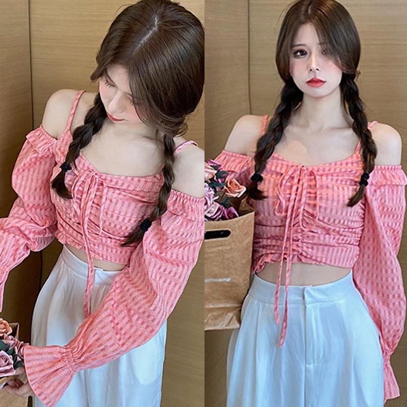 Áo Ren Lửng Tay Dài Trễ Vai Quyến Rũ Phong Cách Retro Hàn Quốc