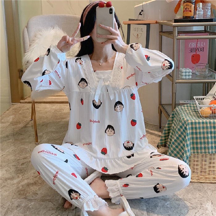 đồ ngủ pyjama nữ dài tay 2021 tân sinh viên hàn quốc dễ thương và ngọt ngào net ngôi nhà của người nổi tiếng Bộ đồ ha