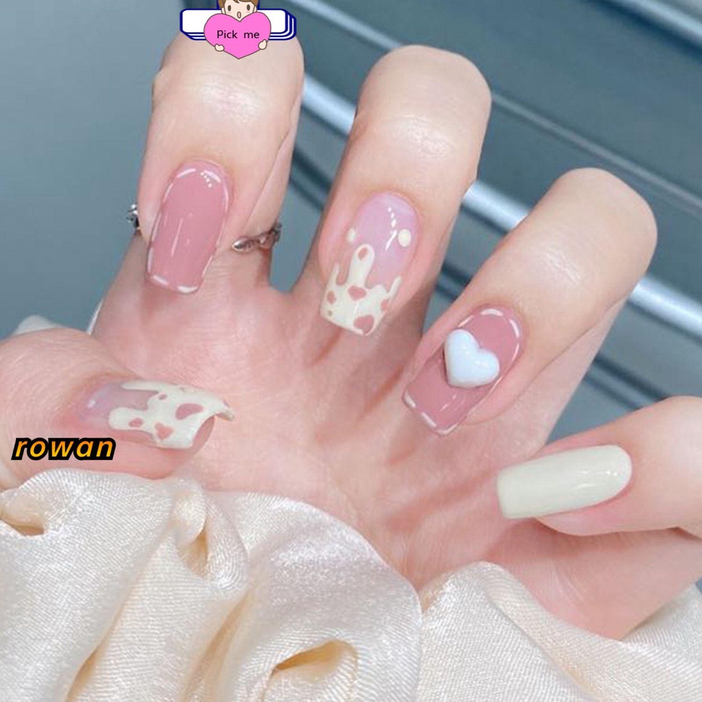 [Hàng mới về] Set 24 móng tay giả đầu tròn/vuông loại ấn che phủ toàn diện họa tiết nơ/trái tim có thể tháo rời