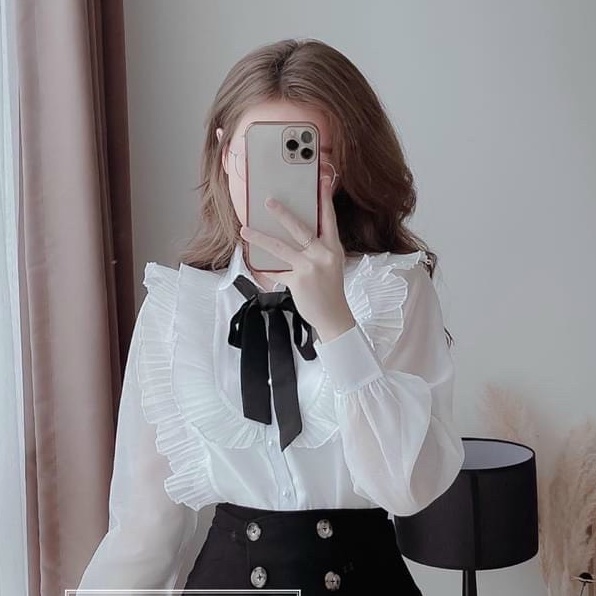 Áo sơ mi cổ nơ tiểu thư tay bo cách điệu bánh bèo đi làm đi chơi đi làm chất lụa màu trắng be thời trang