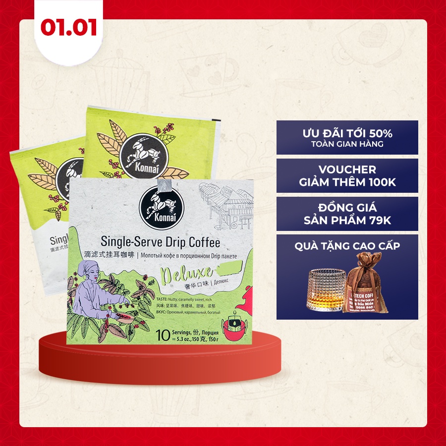 Cà phê phin giấy nguyên chất Deluxe Coffee pha chế tiện lợi 80% Arabica 20% Robusta Konnai Coffee phù hợp đi làm, đi học
