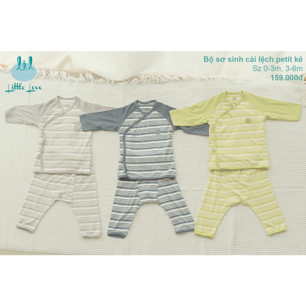 Bộ dài tay Little love cài giữa peptit phối kẻ chuôi cho bé trai/bé gái size 0-3M
