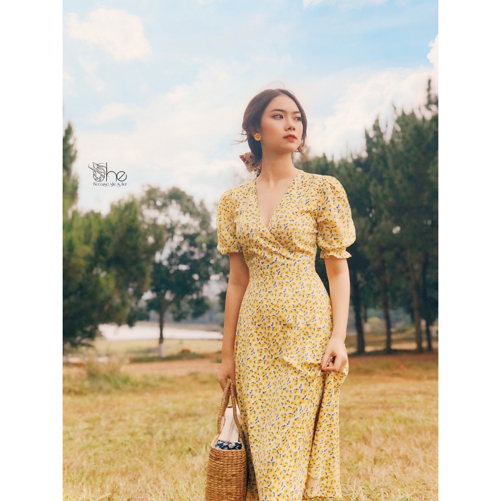Emily Dress- Đầm hoa cổ V maxi tay phồng- SDX79 | BigBuy360 - bigbuy360.vn