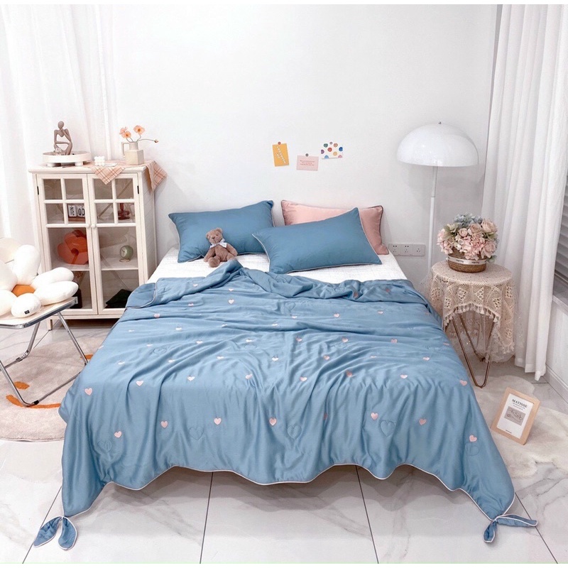 Chăn lụa tencel cao cấp thêu tim buộc nơ - freeship - 2mx2m3 - hàng loại 1