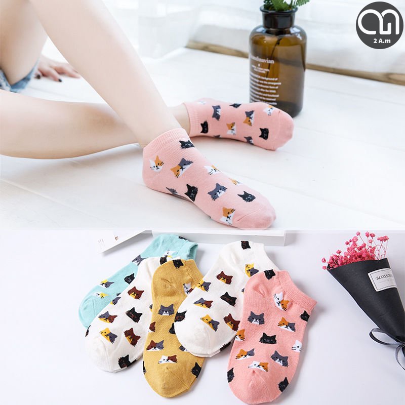 Tất Vớ Cổ Ngắn Nữ Thời Trang Họa Tiết Mèo Dễ Thương Nhiều Màu Unisex Style Hàn Quốc