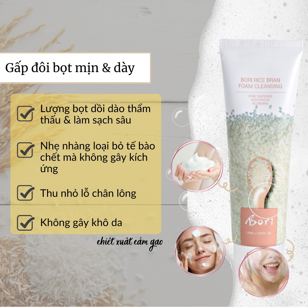 Sữa rửa mặt chiết xuất cám gạo dưỡng trắng, thu nhỏ lỗ chân lông - Bori Rice Bran Foam Cleansing 120ml