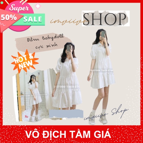 Đầm Sơ Mi Trắng Nữ Cộc Tay, Váy Babydoll Nữ Tay Lỡ Dáng Lửng