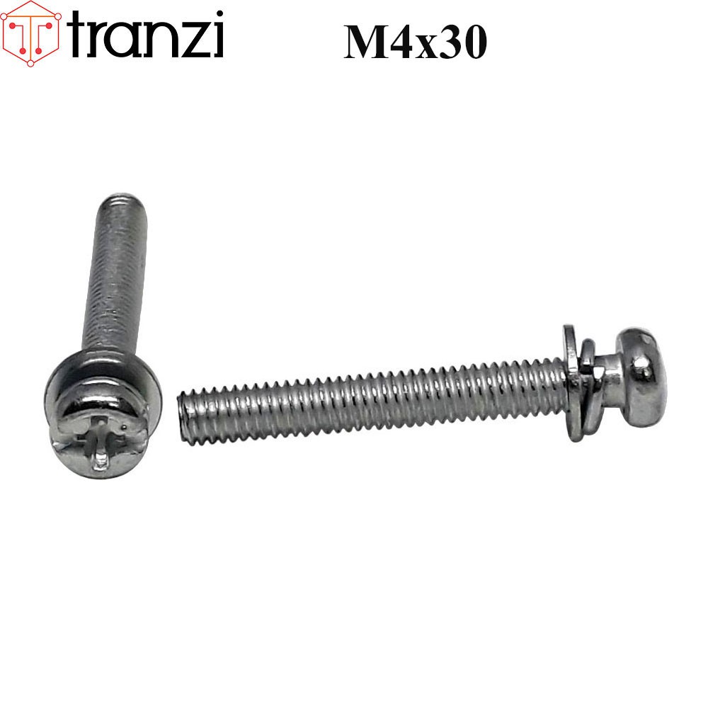 Vít bake kèm long đen phẳng vênh đầu cầu mạ kẽm trắng M4x30 - túi 50 cái