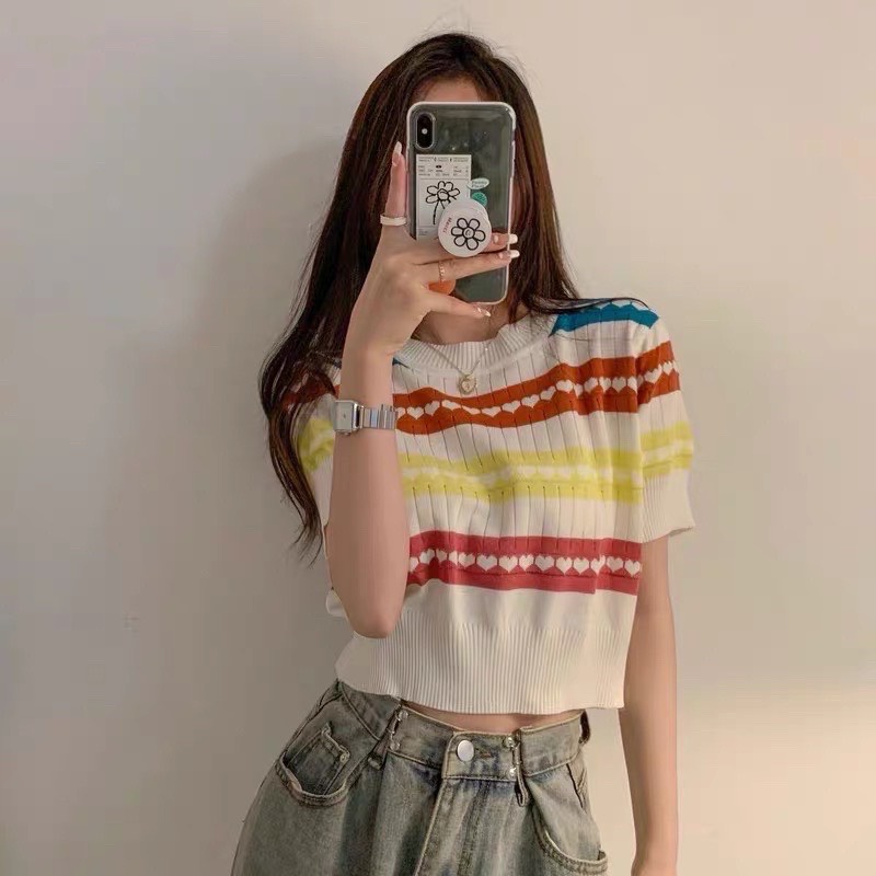 Áo croptop len dệt kim họa tiết trái tim
