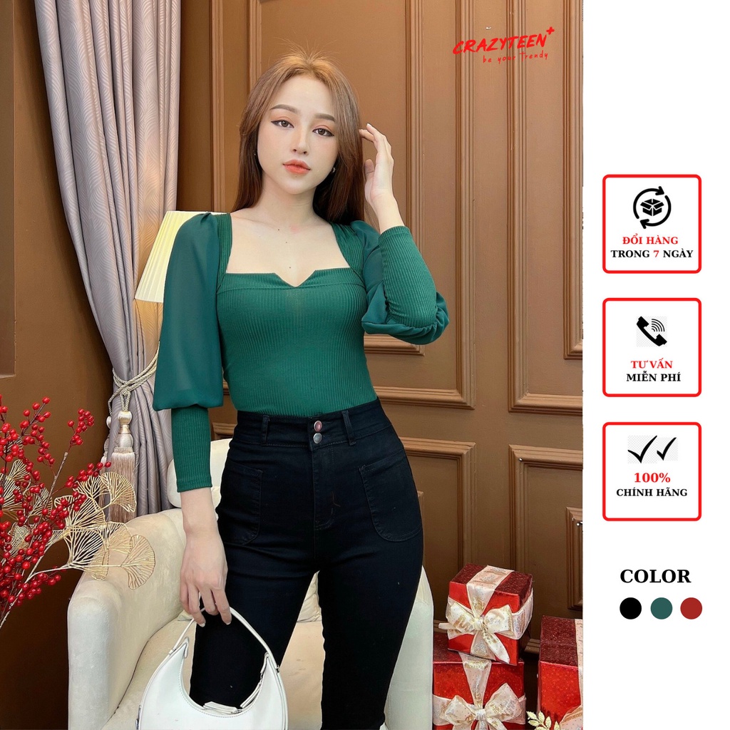 Áo thun cổ v nữ CRAZYTEEN tay bồng sang trọng AT0247