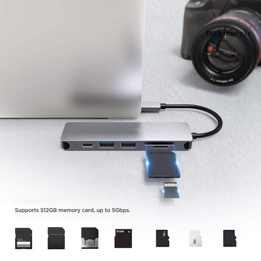 TSP_6 in 1 USB 4K HDMI-compatible Multiport Card Reader Hub for MacBook Laptop Type C Devices