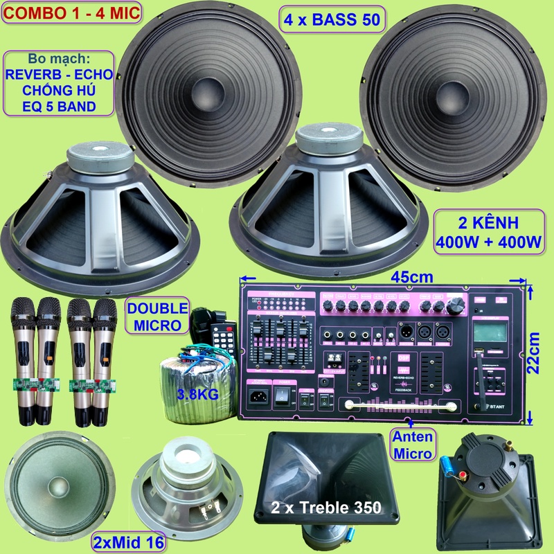 Mạch loa kéo 4 Bass 5 tấc 2 kênh độc lập 400W + 400W DSP Reverb Echo có chống hú Equalizer 5 Band, kèm micro xám