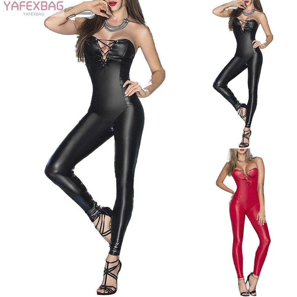 Women Wetlook Lace Up Nightclub Bodysuit Faux Leather Jumpsuit Clubwear cdTfHcWk HrnJaZL