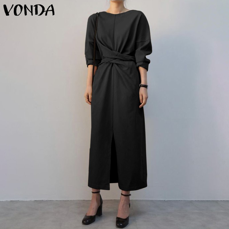 VONDA Women Long Sleeve Front Slit Belted Elegant Casual Long Dress | BigBuy360 - bigbuy360.vn