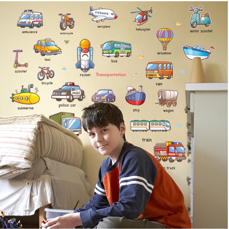 Decal dán tường, tranh trang trí phòng cho bé hình phường tiện giao thông, trang trí lớp học HM92024