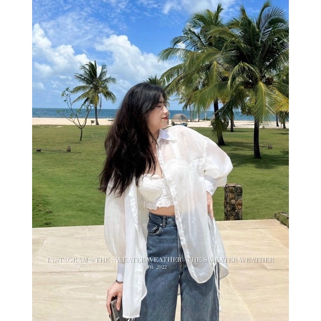 Áo sơ mi tơ voan buộc hông trong suốt/ sơmi voan dài tay
