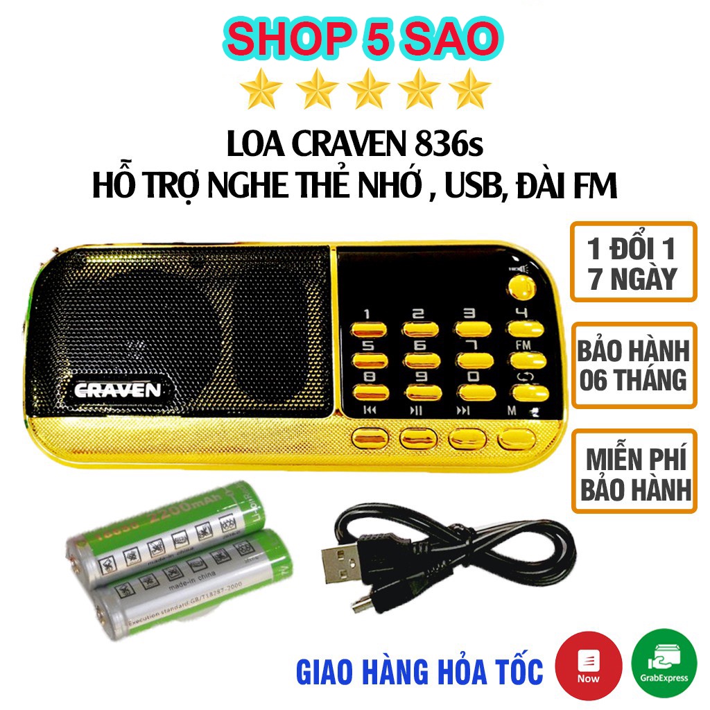 Loa Craven CR-836S, 2 pin, có đèn, cắm tai nghe, chuyên FM, kinh phật, tiêng anh cho bé