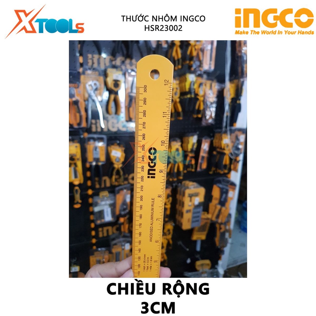 Thước nhôm INGCO HSR23002 | thước lá chiều dài 30cm chiều rộng 3cm chất liệu nhôm anodized đo độ dài, chi tiết như trục,