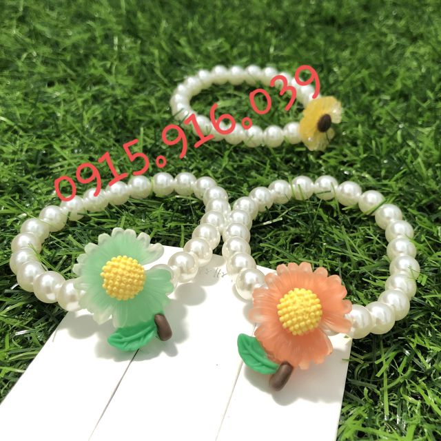 Cột tóc hoa cúc mix hạt châu, Buộc tóc ngọc nhân tạo
