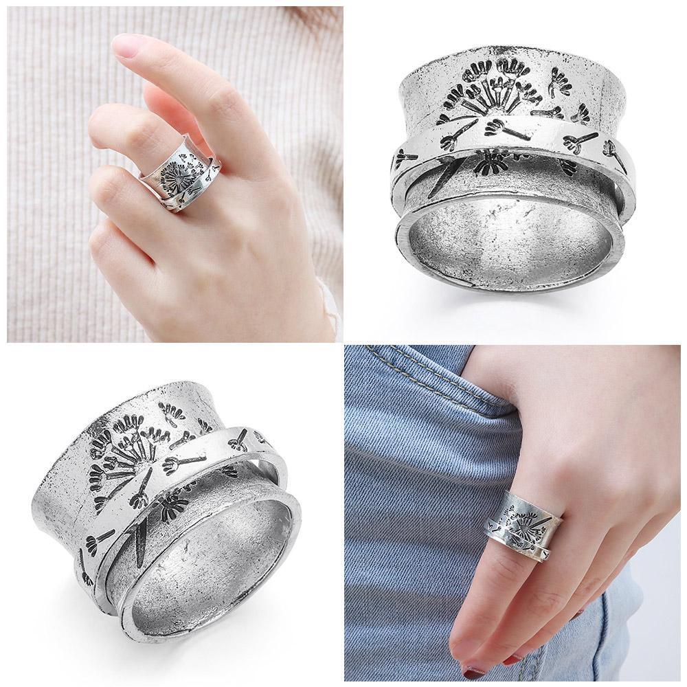 Nhẫn Bản Rộng Chạm Khắc Hoa Bồ Công Anh Sáng Tạo Cho Nữ