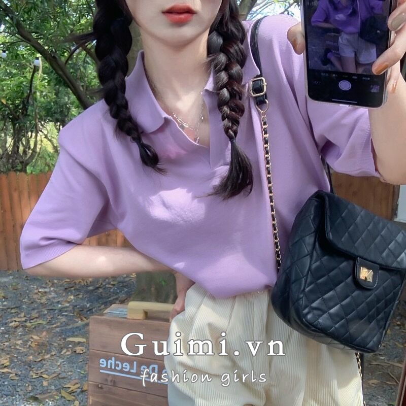 NZN Áo Thun polo Dệt Kim Tay Ngắn Cổ Chữ v Màu Sắc Trơn Thời Trang Mùa Hè Có 4 Màu Dành Cho Nữ