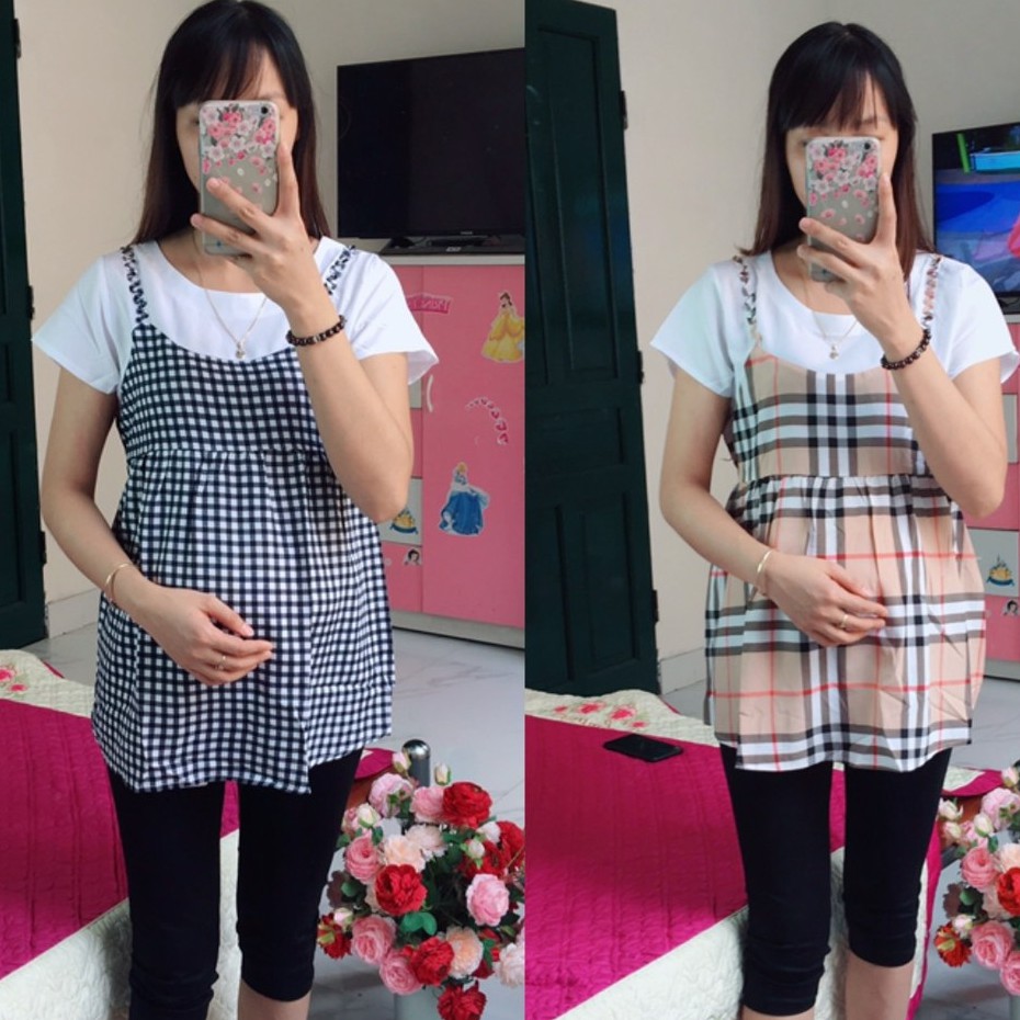 Áo Bầu công sở Cộc Tay, dáng baby doll giả yếm, chất mềm mịn thoáng mát cho Mùa Hè