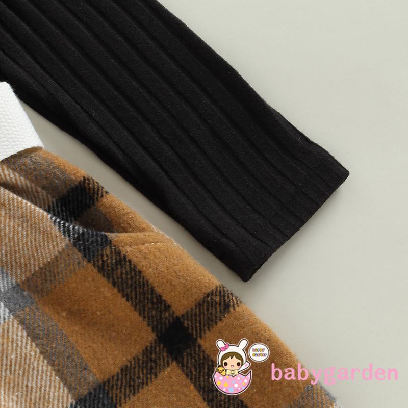 Set Áo Thun Tay Dài Hở Vai Kèm Chân Váy Caro Cho Bé Gái 1-6 Tuổi