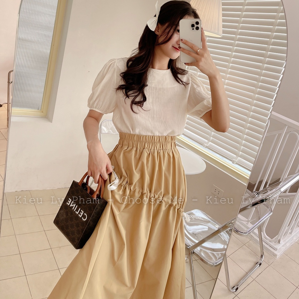 Set Đồ Nữ Style Hàn Quốc, Áo Trắng Tay Bồng, Chân Váy Dài Kèm Nơ - Choose Me KLP