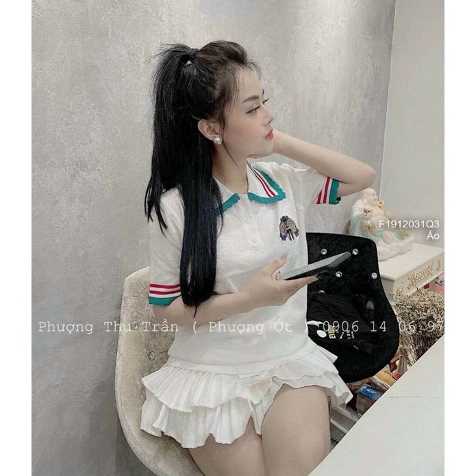Áo len ngực thêu ong cổ bẻ tay con phối viền sọc đỏ xanh cổ và tay áo hàng Quảng Châu!